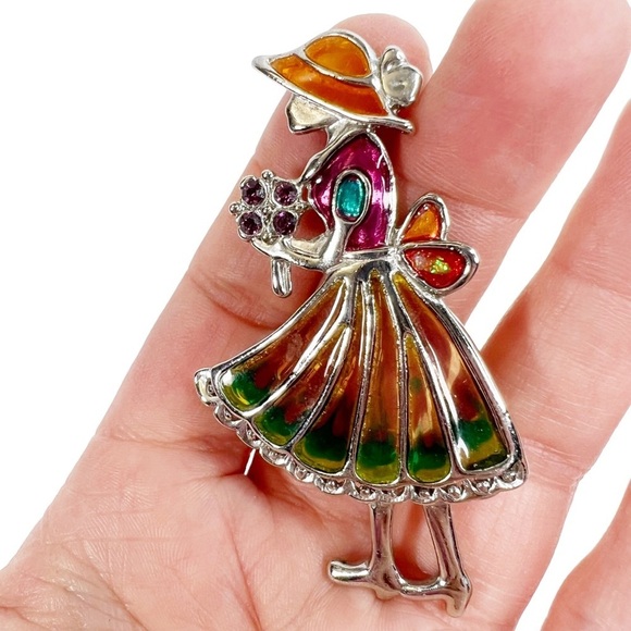 Silver Tone & Enamel Stained Glass Garden Party Lady Brooch Pin - Picture 3 of 7